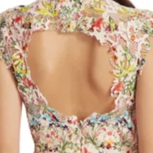 Monique Lhuillier Paradise Print Lace Cap-Sleeve Mini Dress Size 12 - Picture 6 of 6